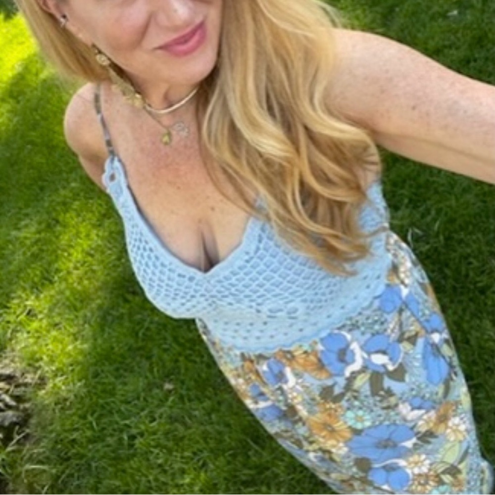 BOG Collective Crochet-Top Floral Jumpsuit in Blue and Yellow